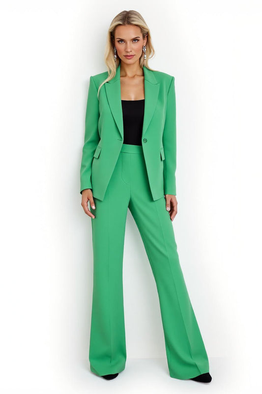 Green Satin 2 Piece Flare Leg Peak Lapel Prom Suits with Sleeves