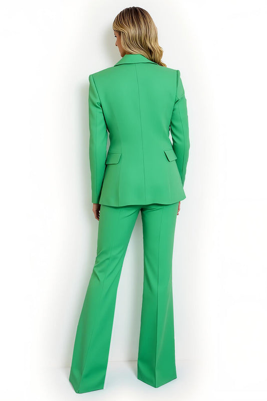 Green Satin 2 Piece Flare Leg Peak Lapel Prom Suits with Sleeves