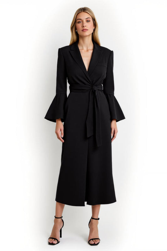Black Notched Lapel Flare Sleeves Pencil Long Blazer Dress with Sash