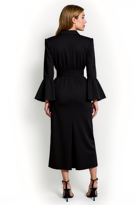 Black Notched Lapel Flare Sleeves Pencil Long Blazer Dress with Sash