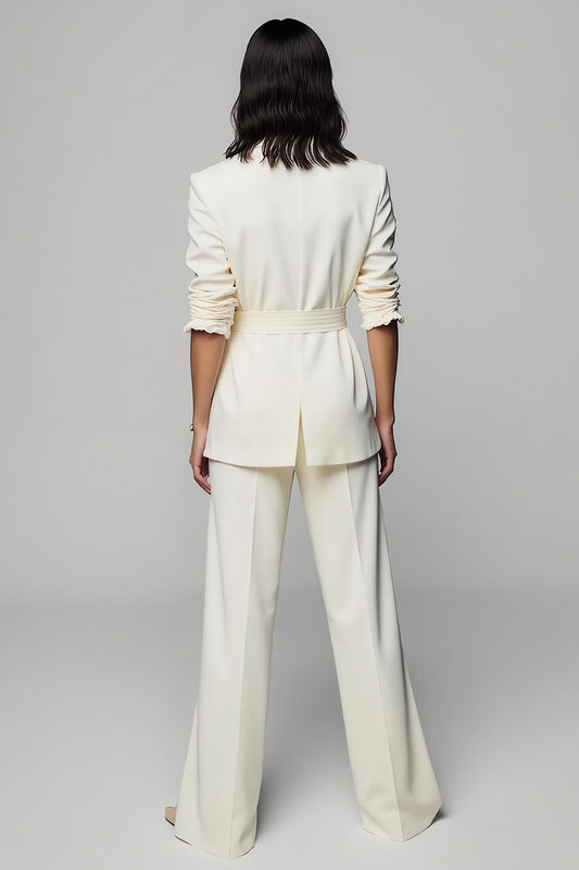 Ivory 2 Piece Peak Lapel Wide Leg Business Suits with Belt