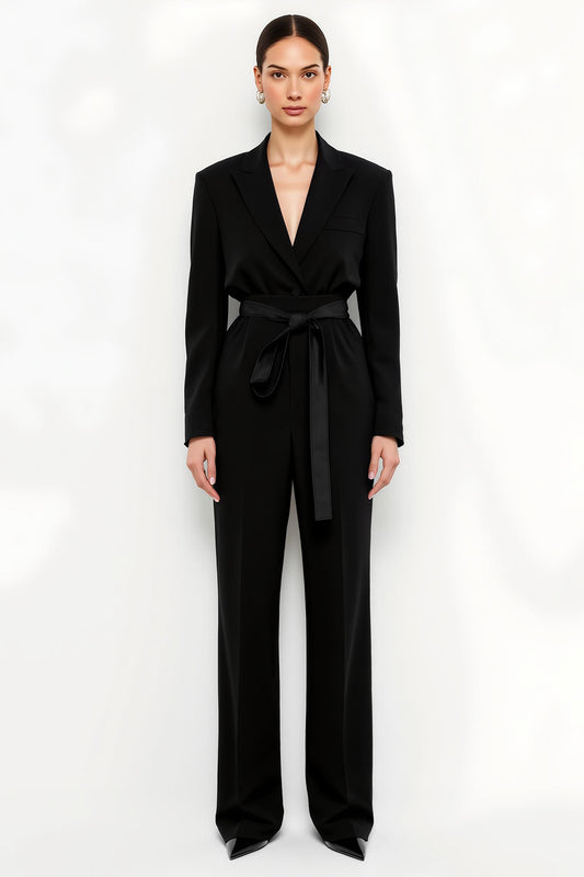 Black Peak Lapel Long Sleeves Satin Work Jumpsuits with Sash