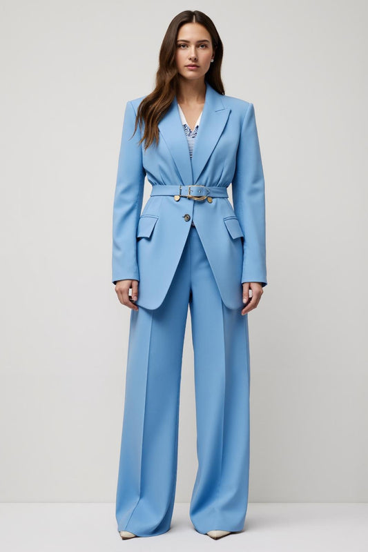 Blue 2 Piece Peak Lapel Wide Leg Satin Business Suits with Belt