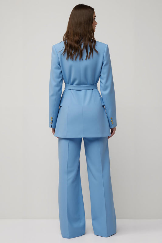 Blue 2 Piece Peak Lapel Wide Leg Satin Business Suits with Belt