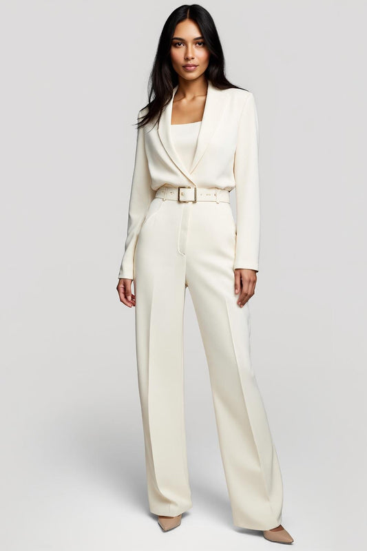 Ivory One Piece Shawl Lapel Long Sleeves Work Jumpsuits with Belt