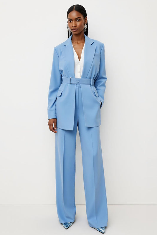 Blue 2 Piece Satin Notched Lapel Business Suits with Pockets