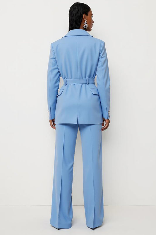 Blue 2 Piece Satin Notched Lapel Business Suits with Pockets