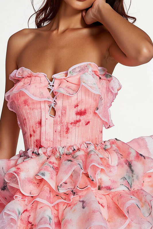 Pink Floral Strapless Tiered Ruched Short Homecoming Dress with Ruffles