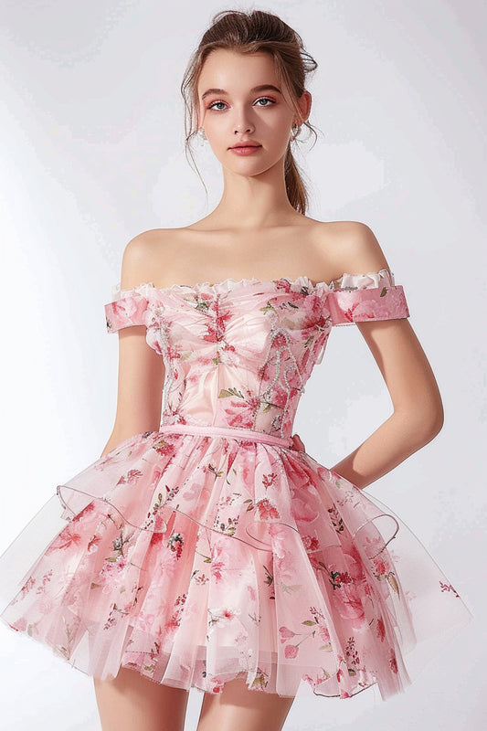Pink Floral Tiered Off the Shoulder Short Homecoming Dress with Ruffles