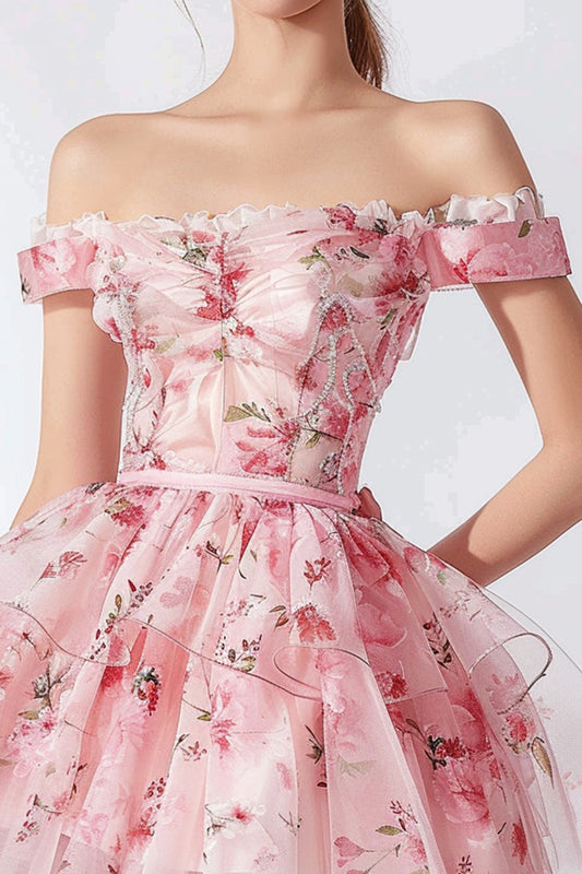 Pink Floral Tiered Off the Shoulder Short Homecoming Dress with Ruffles