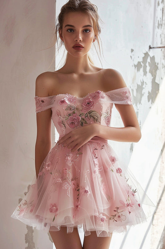 Pink Off the Shoulder Short Floral Homecoming Dress with Ruffles