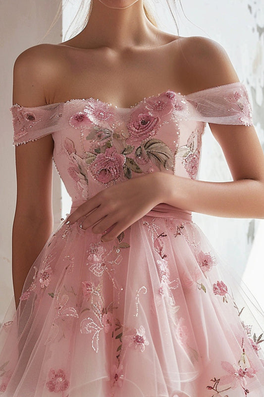 Pink Off the Shoulder Short Floral Homecoming Dress with Ruffles