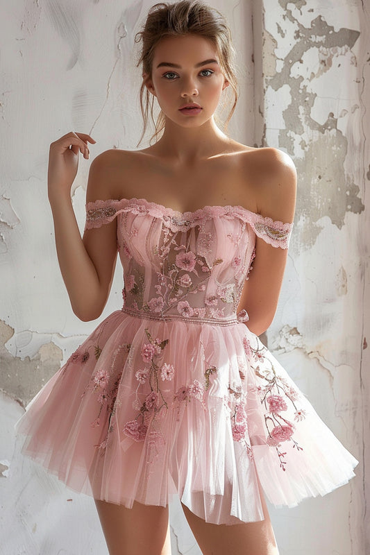 Pink Ruched Tulle Short Floral Homecoming Dress with Ruffles