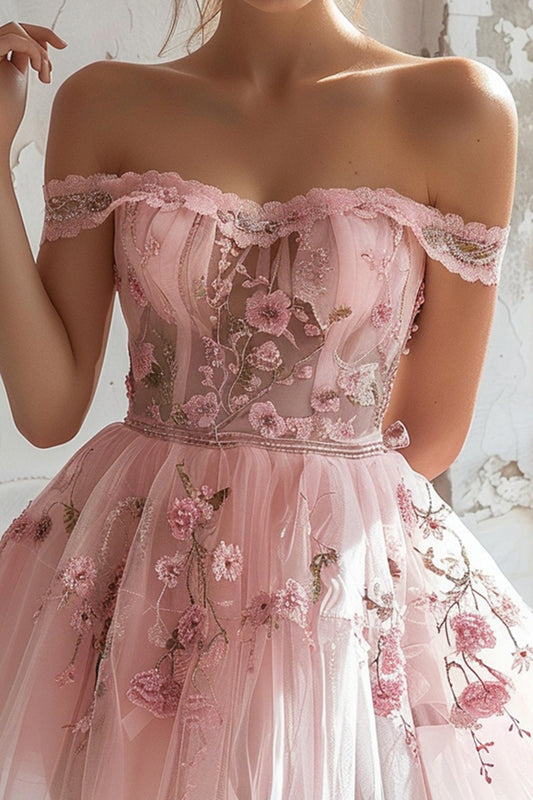 Pink Ruched Tulle Short Floral Homecoming Dress with Ruffles