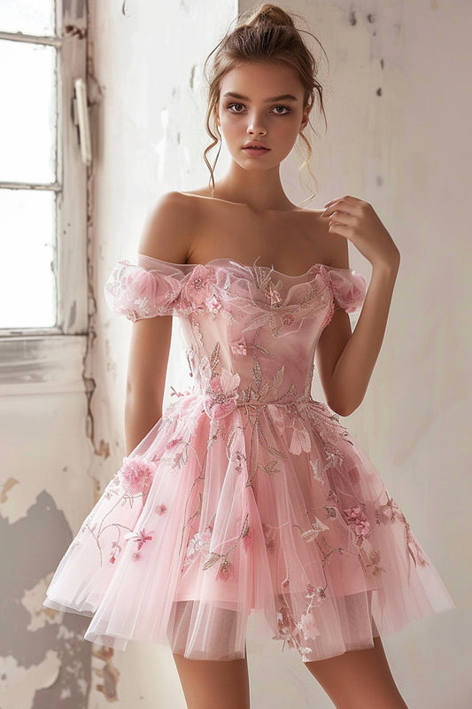 Pink Floral Tulle Off the Shoulder Ruffled Short Homecoming Dress