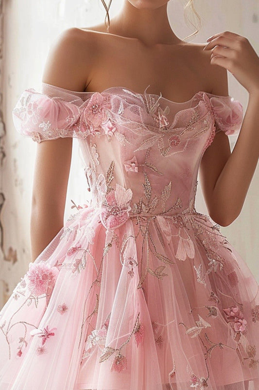Pink Floral Tulle Off the Shoulder Ruffled Short Homecoming Dress