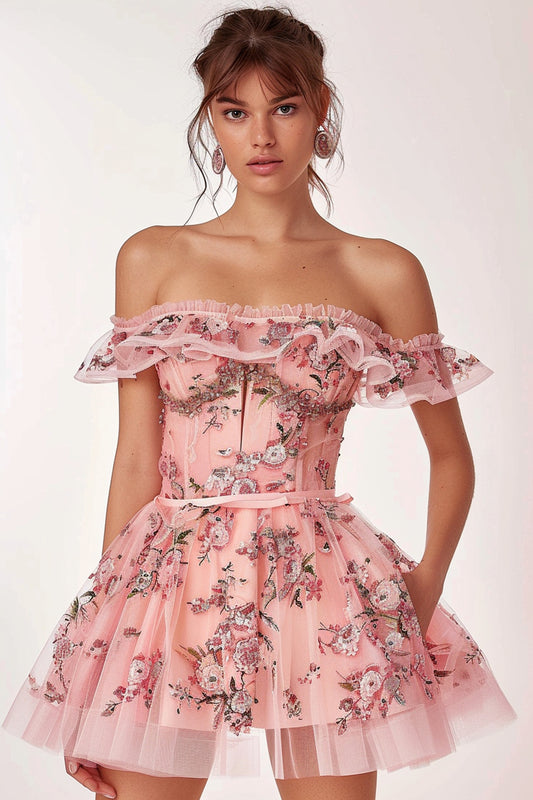 Sparkly Pink Floral Tulle A Line Short Homecoming Dress with Ruffles