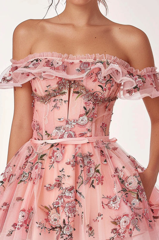 Sparkly Pink Floral Tulle A Line Short Homecoming Dress with Ruffles