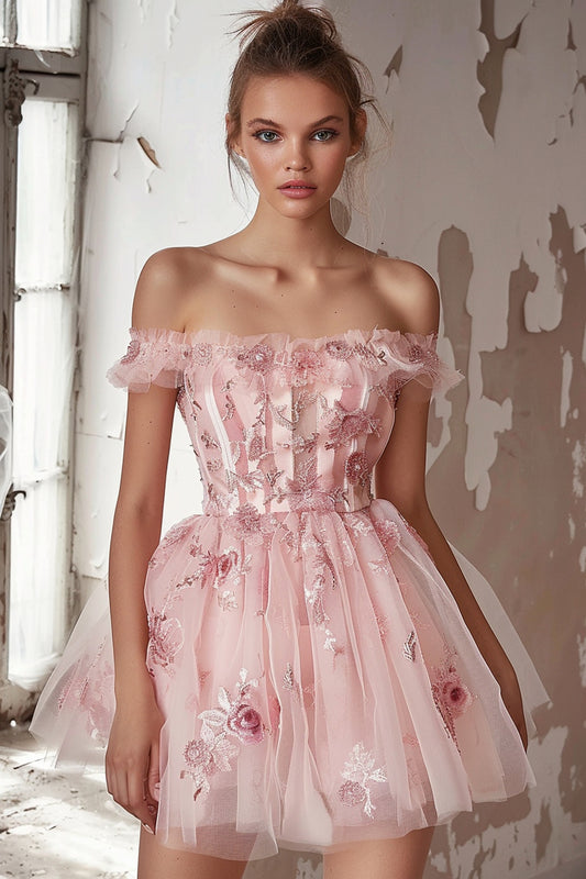 Pink Floral Tulle Short Corset Homecoming Dress with Ruffles