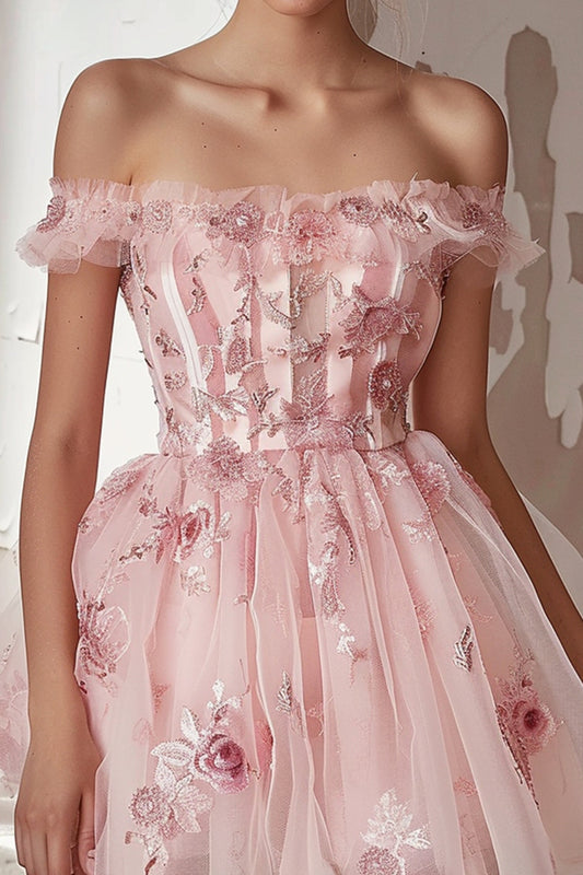 Pink Floral Tulle Short Corset Homecoming Dress with Ruffles
