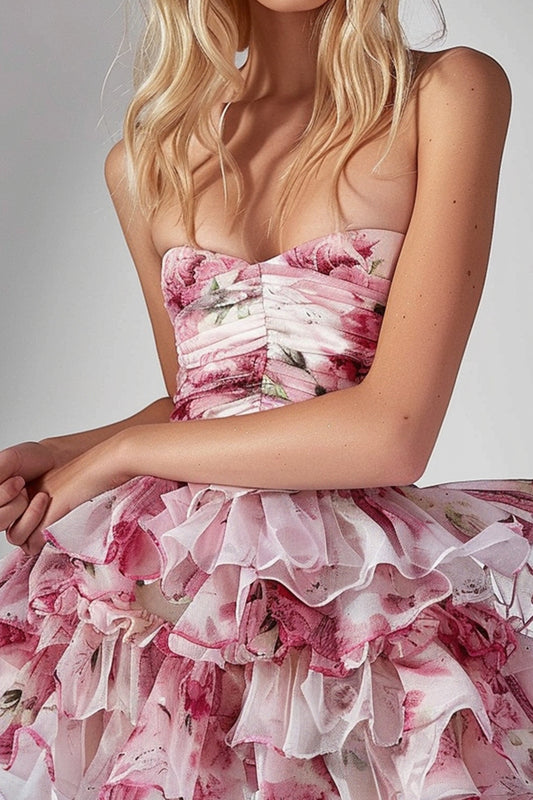 Pink Floral Tiered Ruched Strapless Short Homecoming Dress with Ruffles
