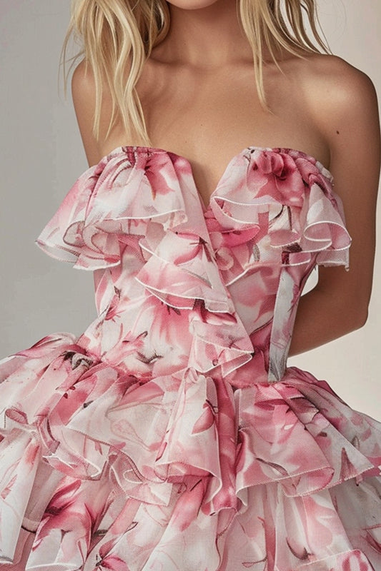 Pink Floral Tiered Short Strapless Homecoming Dress with Ruffles