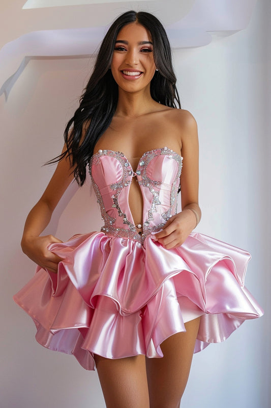 Sparkly Pink Ruffled Strapless Short Homecoming Dress with Pearls