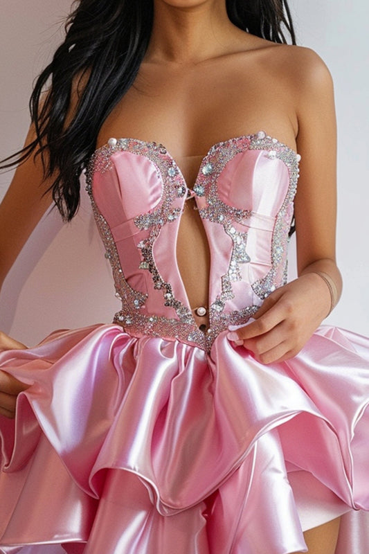 Sparkly Pink Ruffled Strapless Short Homecoming Dress with Pearls