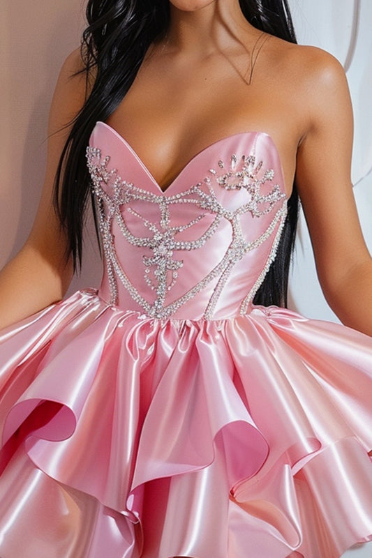Sparkly Pink Strapless Ruffled Short Satin Homecoming Dress with Beading