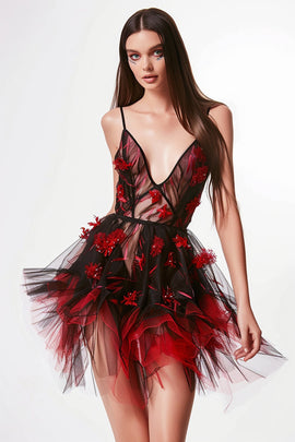Sparkly Black and Red Corset Floral Short Homecoming Dress with Ruffles