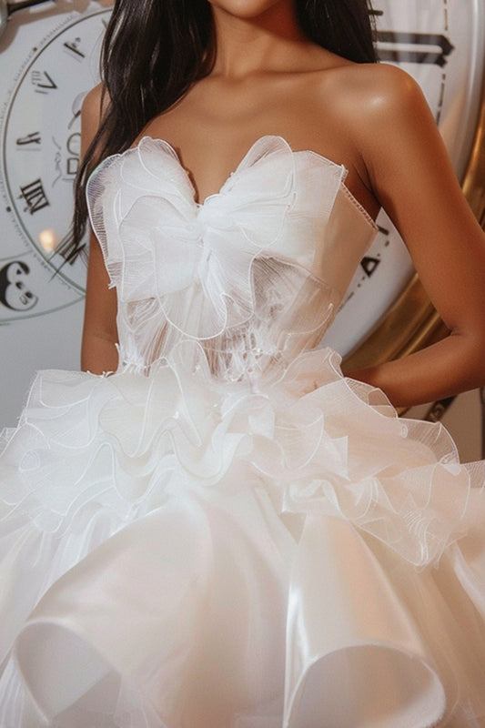 White Sweetheart Tiered Organza Short Homecoming Dress with Ruffles
