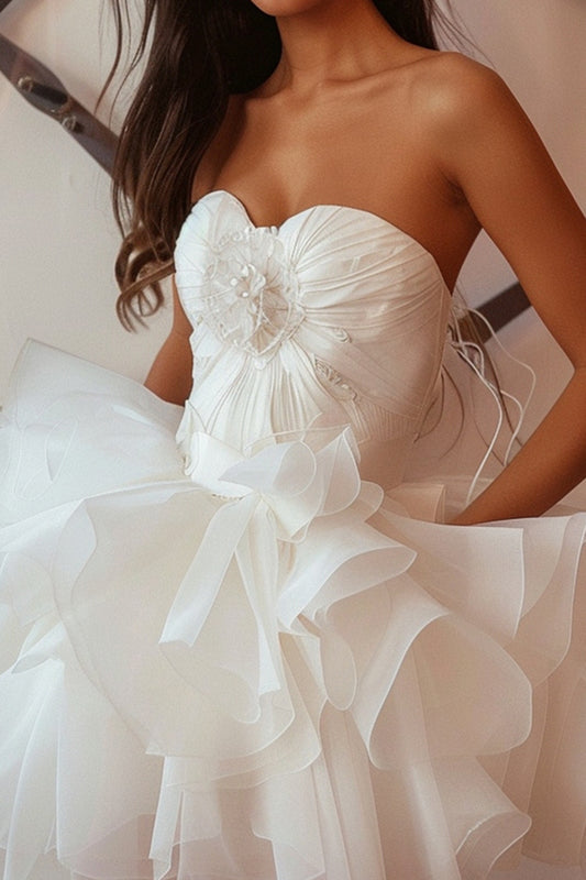 White Sweetheart Ruched Short Homecoming Dress with Ruffles