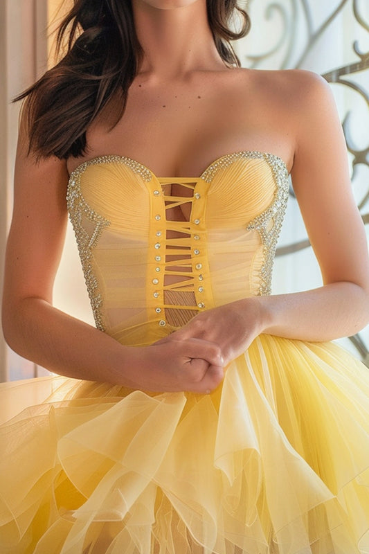 Sparkly Yellow Strapless Lace Up Front Short Homecoming Dress with Ruffles