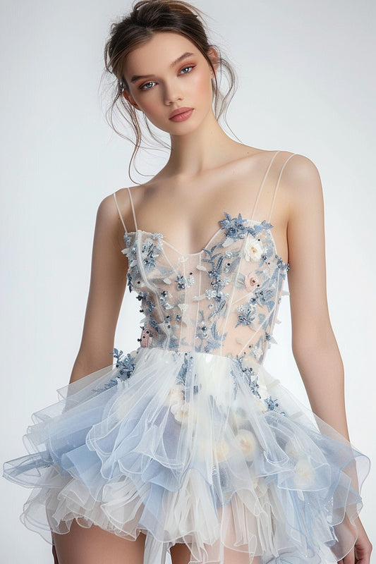 Sparkly White and Blue Floral Ruffled Short Homecoming Dress with Beading