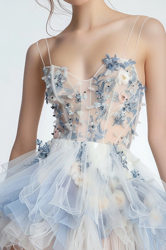 Sparkly White and Blue Floral Ruffled Short Homecoming Dress with Beading