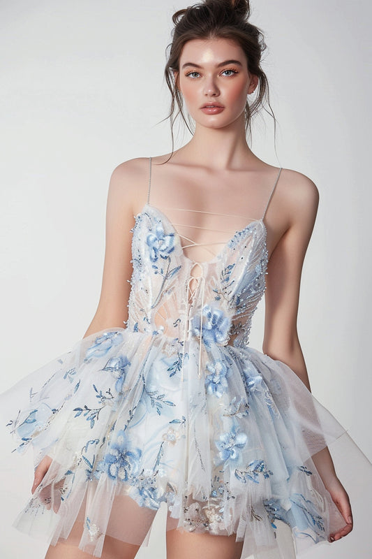 Sparkly White and Blue Lace Up Front Ruffled Short Floral Homecoming Dress
