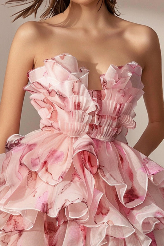 Strapless Pink Tiered Floral Short Homecoming Dress with Ruffles
