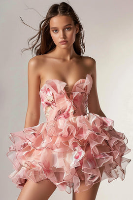 Strapless Floral Pink Lace Up Front Short Homecoming Dress with Ruffles