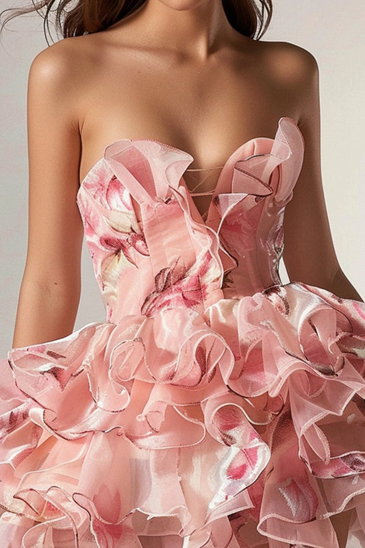 Strapless Floral Pink Lace Up Front Short Homecoming Dress with Ruffles