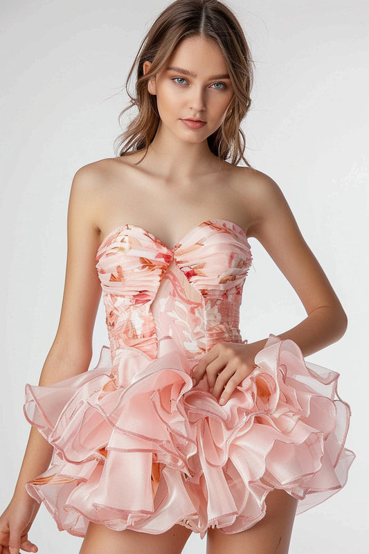 Pink Sweetheart Ruched Floral Short Homecoming Dress with Ruffles