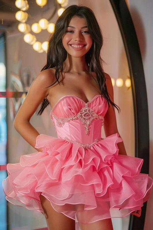 Sparkly Hot Pink Sweetheart Corset Short Homecoming Dress with Ruffles