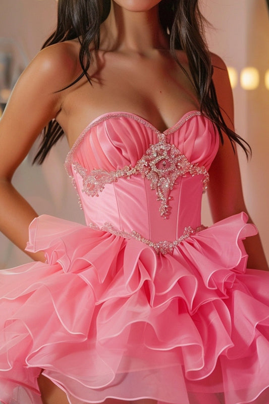 Sparkly Hot Pink Sweetheart Corset Short Homecoming Dress with Ruffles