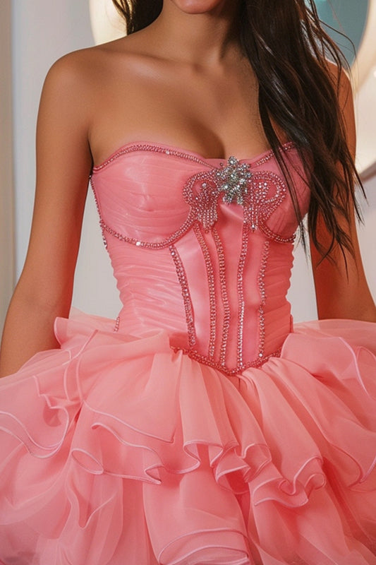 Sparkly Hot Pink Corset Ruffled Short Homecoming Dress with Beading