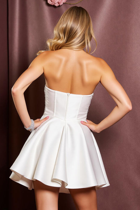 Sparkly White Strapless Short Satin Homecoming Dress with Beading