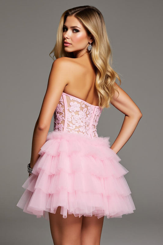 Pink Sweetheart Ruffled Short Corset Homecoming Dress with Lace