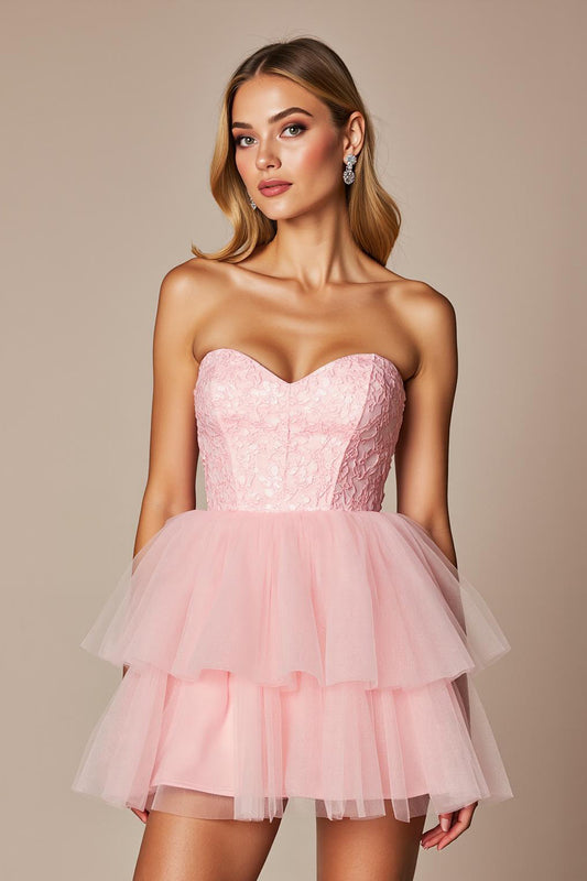 Pink A Line Tulle Sweetheart Short Homecoming Dress with Ruffles