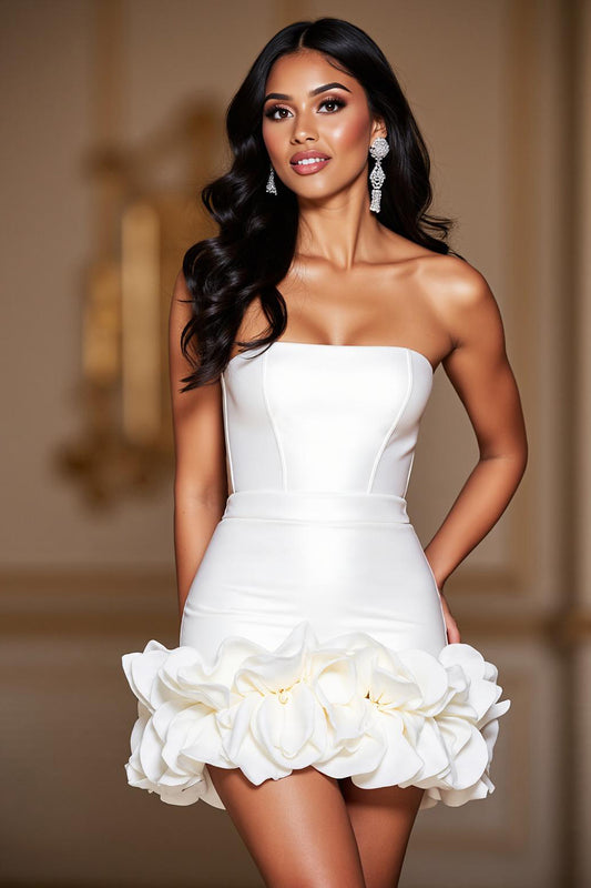 White Strapless Satin Short Corset Homecoming Dress with Ruffles