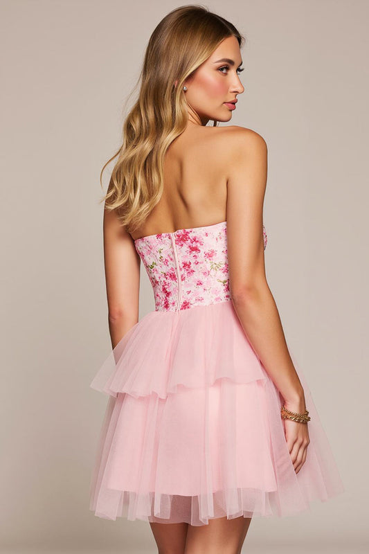Pink Floral Sweetheart A Line Short Tulle Homecoming Dress