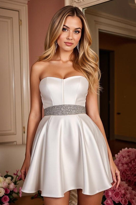 Sparkly White Satin Strapless Short Homecoming Dress with Beading