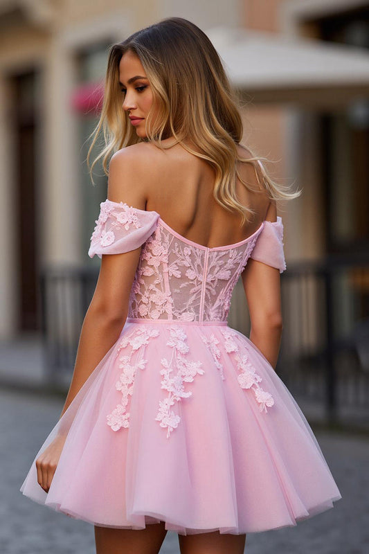 Floral Pink Corset Tulle Off the Shoulder Short Homecoming Dress with Lace